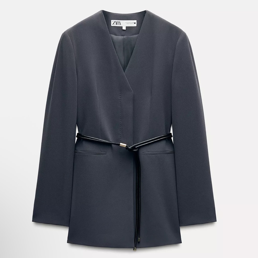 Zara Women's Dark Gray Belted Blazer Jacket